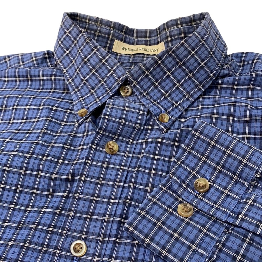 LL Bean Men's Button Up Long Sleeve Blue White Black Wrinkle Resistant